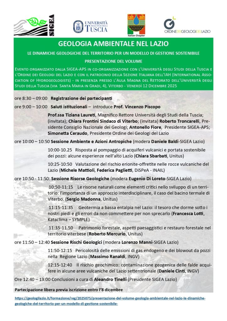 Geologia ambientale nel Lazio - Le dinamiche geologiche del territorio per un modello di gestione sostenibile. Presentazione del volume Viterbo 12 dicembre 2025
