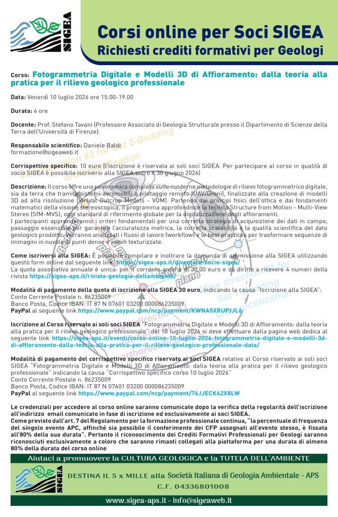 Corso online 10 luglio 2026. Fotogrammetria Digitale e Modelli 3D di Affioramento: dalla teoria alla pratica per il rilievo geologico professionale.