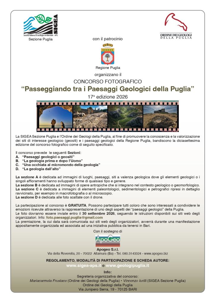 CONCORSO FOTOGRAFICO “Passeggiando tra i Paesaggi Geologici della Puglia” 17a edizione 2026