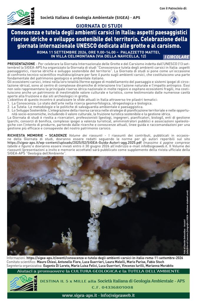 Conoscenza e tutela degli ambienti carsici in Italia: aspetti paesaggistici risorse idriche e sviluppo sostenibile del territorio. Roma, 11 settembre 2026 - ore 9.00