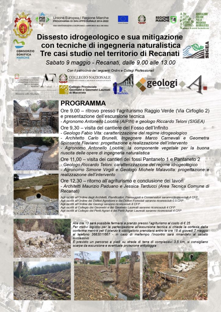 Escursione di studio. Dissesto idrogeologico e sua mitigazione con tecniche di ingegneria naturalistica Tre casi studio nel territorio di Recanati. Recanati, 9 maggio 2026 - ore 9.00