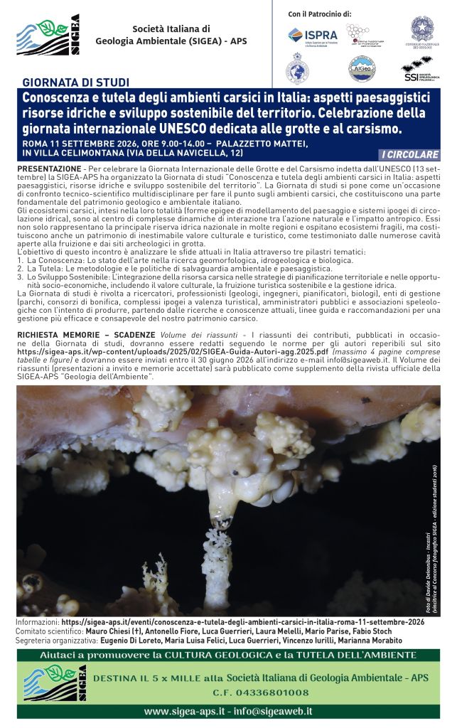 Conoscenza e tutela degli ambienti carsici in Italia: aspetti paesaggistici risorse idriche e sviluppo sostenibile del territorio. Roma, 11 settembre 2026 - ore 9.00