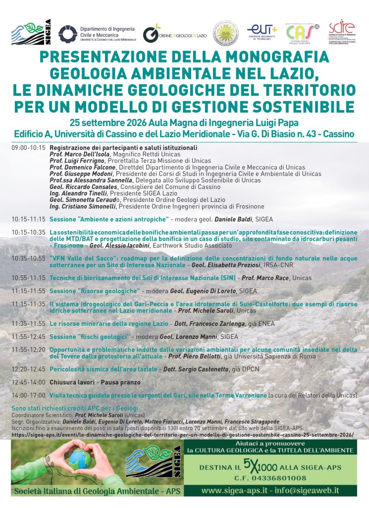 Le dinamiche geologiche del territorio per un modello di gestione sostenibile. Cassino, 25 settembre 2026 - ore 9.00