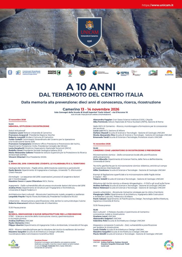 A 10 ANNI DAL TERREMOTO DEL CENTRO ITALIA. Camerino, 13 e 14 novembre 2026
